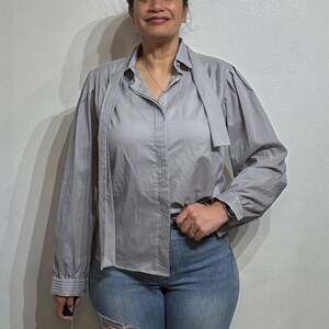 Josephine 80s Vintage Gray Tie Neck Pleated Long Sleeve Blouse Sz 14
